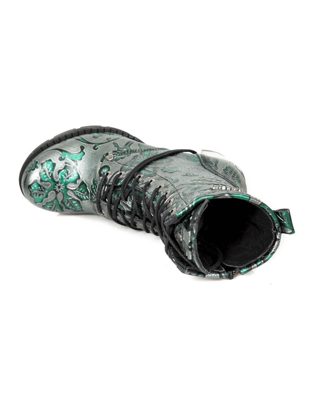 Top view of gray and green Gothic lace-up ankle boots with embossed leaf pattern and metallic finish.