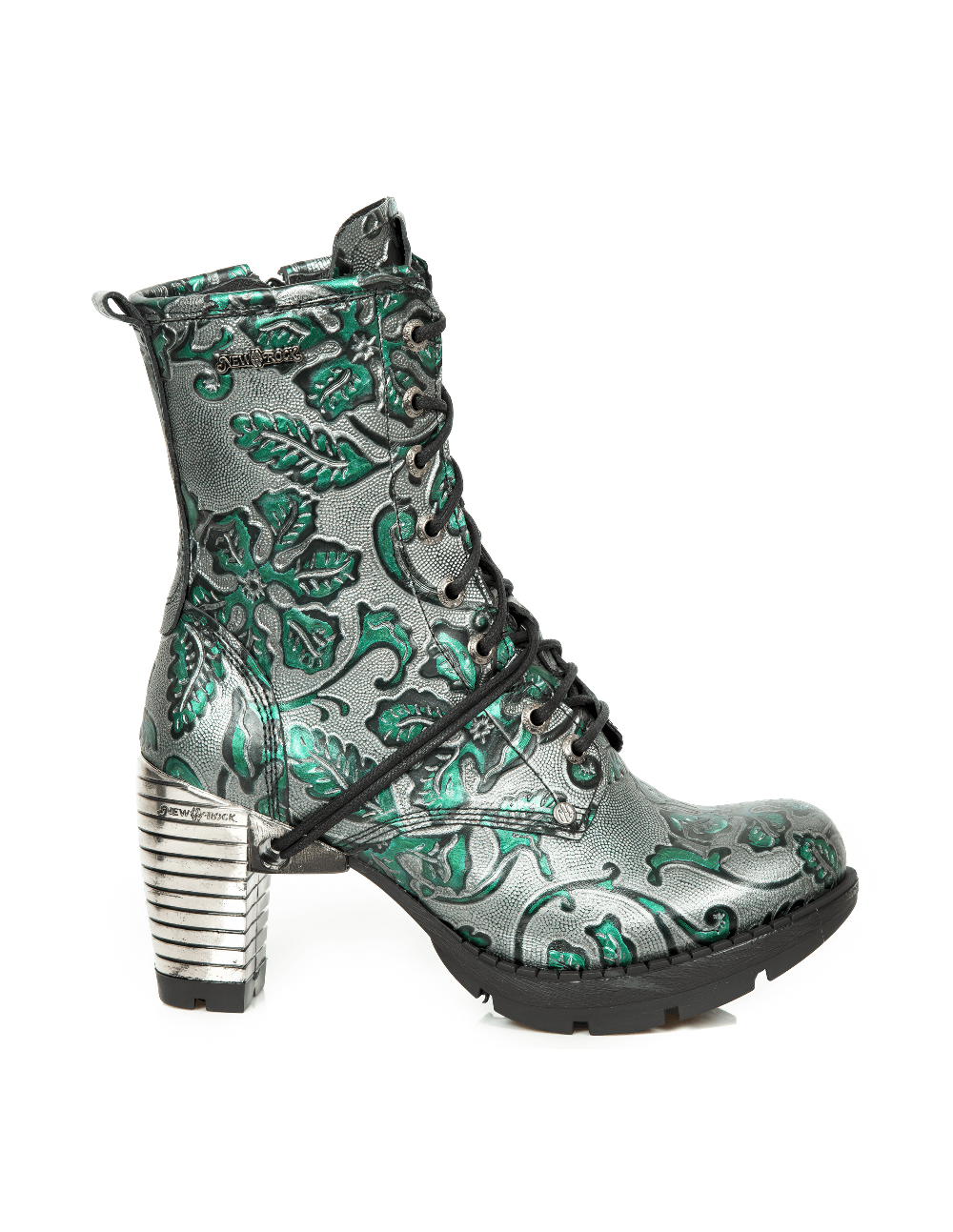 NEW ROCK Gothic ankle boots in gray and green with embossed leaf design and metallic finish.