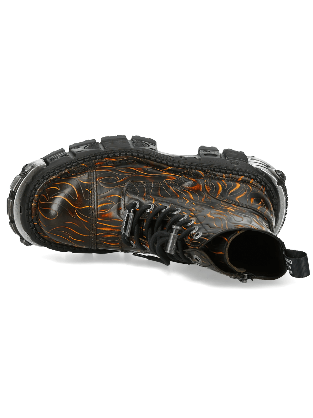 NEW ROCK Women's Fire Print Ankle Boots with Chunky Lug Sole featuring black with orange flames and side zipper.