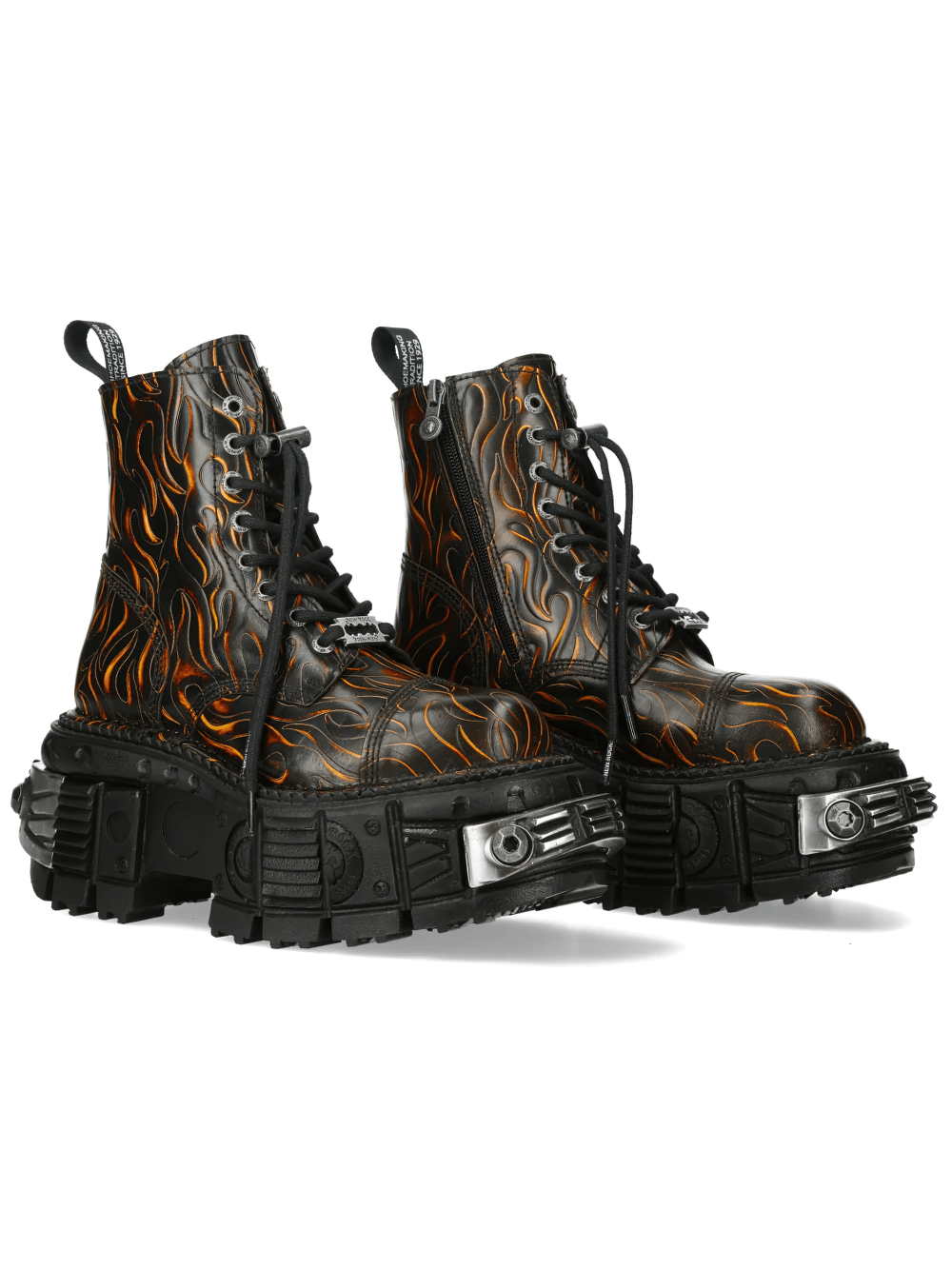 NEW ROCK Women's Fire Print Ankle Boots with Chunky Lug Sole in black with orange flames and chunky lug sole.