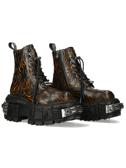 NEW ROCK Women's Fire Print Ankle Boots with Chunky Lug Sole