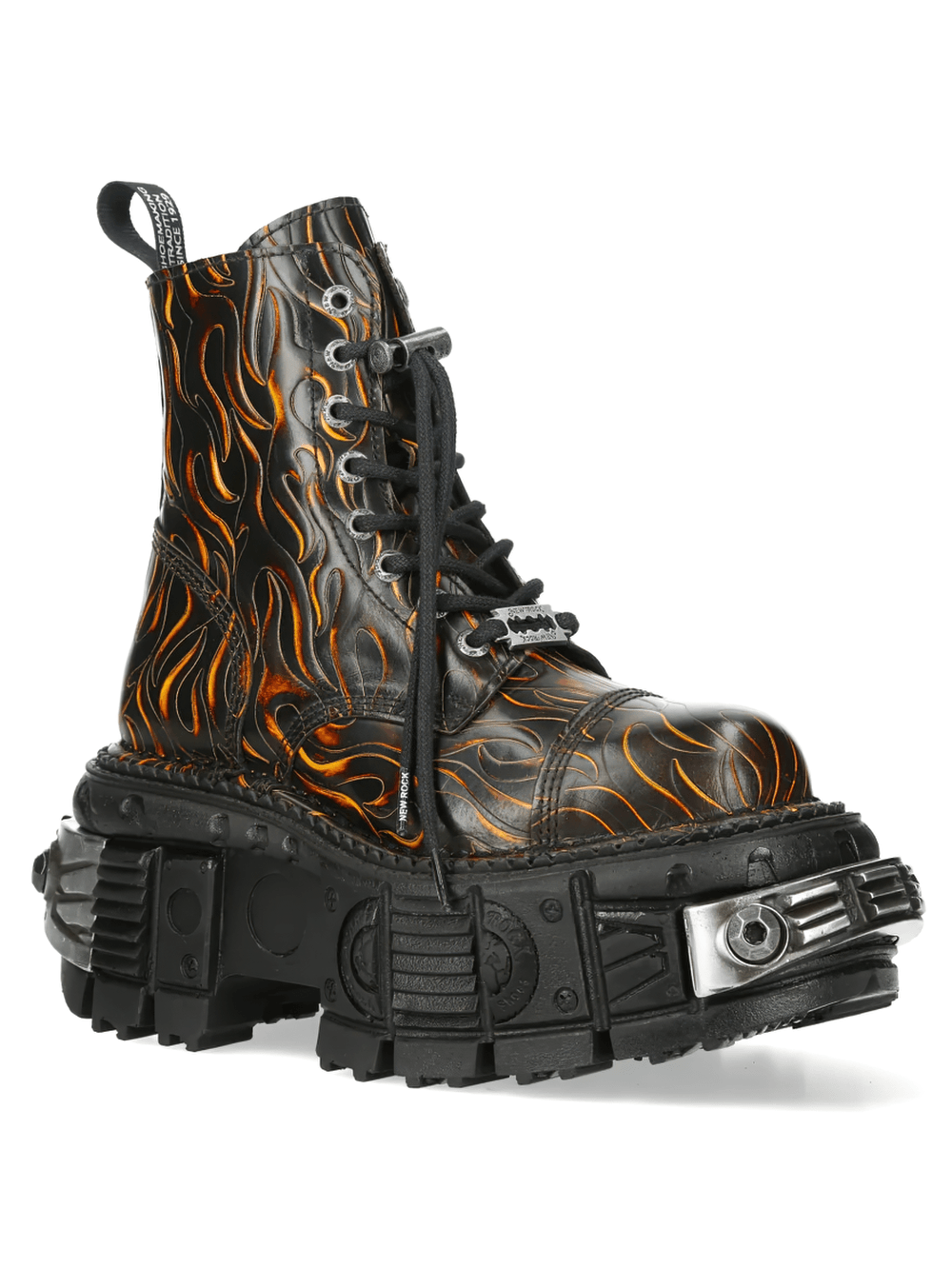 NEW ROCK Women's Fire Print Ankle Boots with Chunky Lug Sole featuring flame graphics and a chunky lug sole.