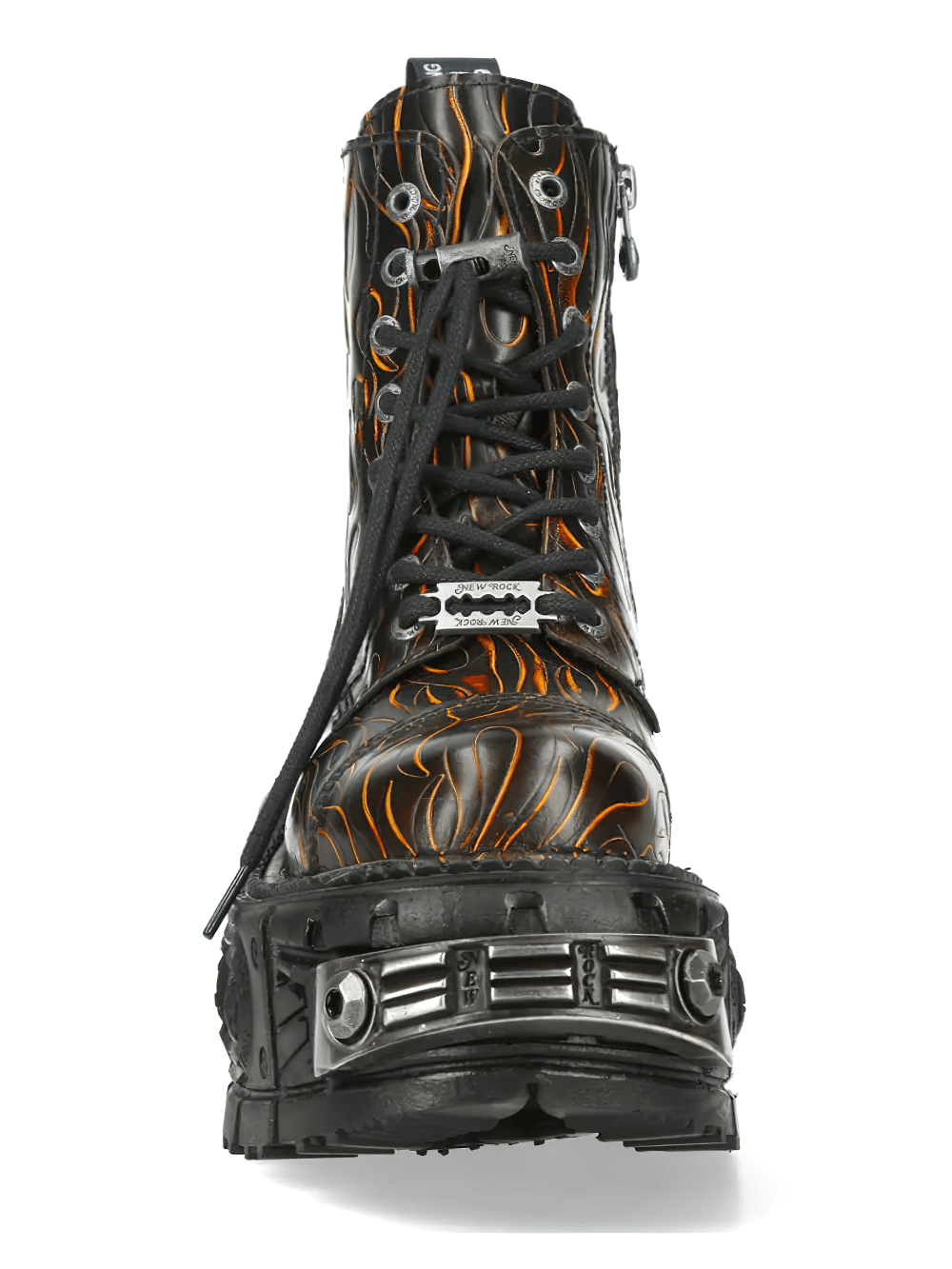 NEW ROCK Women's Fire Print Ankle Boots with Chunky Lug Sole featuring fierce flame graphics and sturdy metal trim.