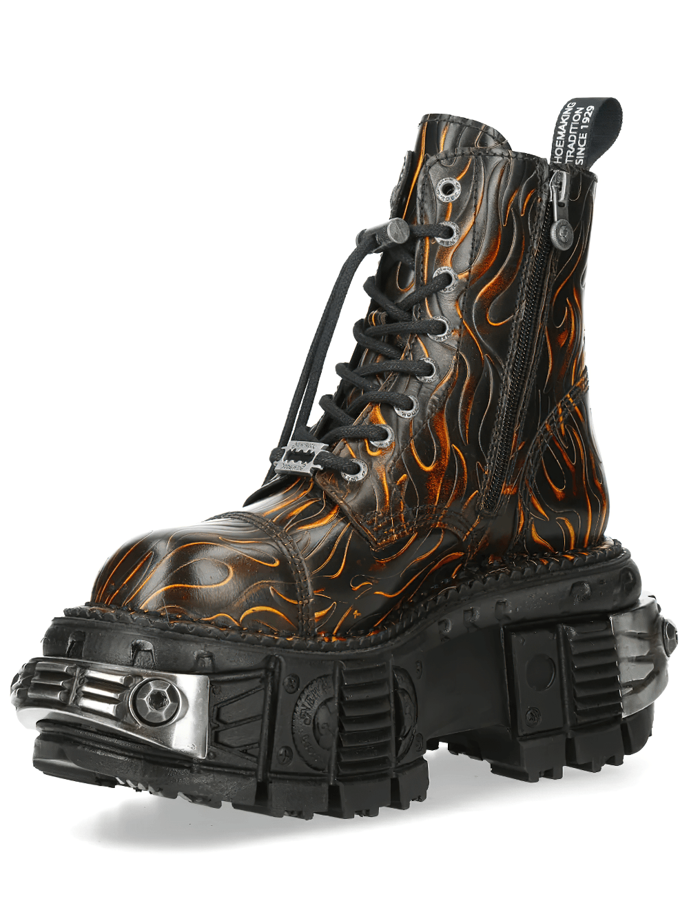 NEW ROCK Women's Fire Print Ankle Boots with Chunky Lug Sole in black with orange flame graphics.