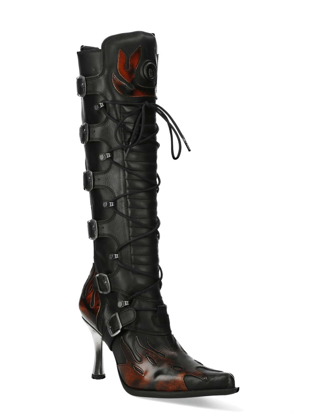 NEW ROCK Women's Fire Punk Rock Buckled High Boots with flame motifs, black and red color, stylish high heel