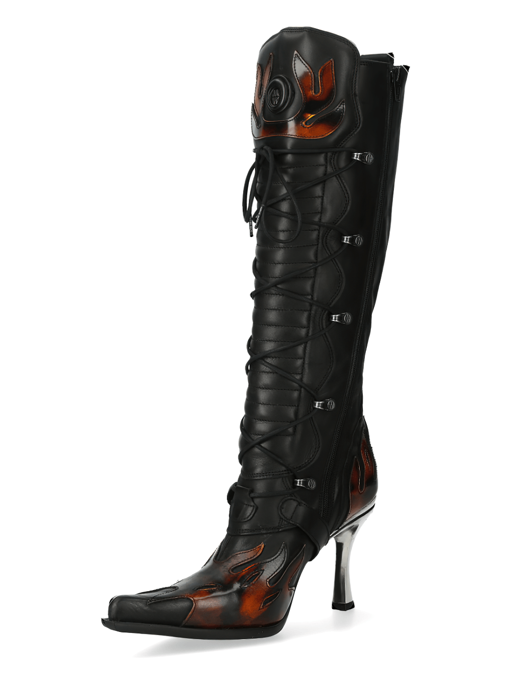 NEW ROCK women's punk rock high boots with flame motifs in black and red, featuring a sharp heel and stylish lacing.