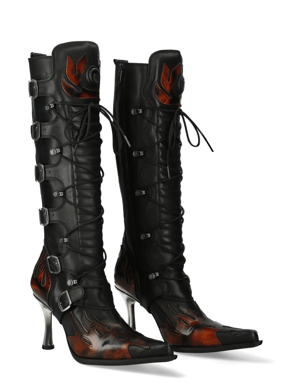 Black and fire red punk rock high boots featuring flames, buckles, and a stylish pointed toe design.