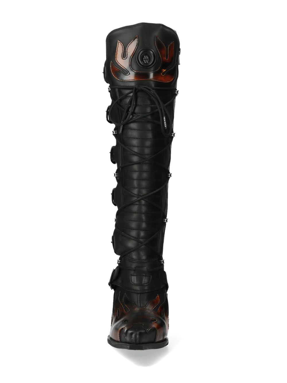 Stylish punk rock high boots with flame motifs, featuring durable leather and bold black-red color scheme.