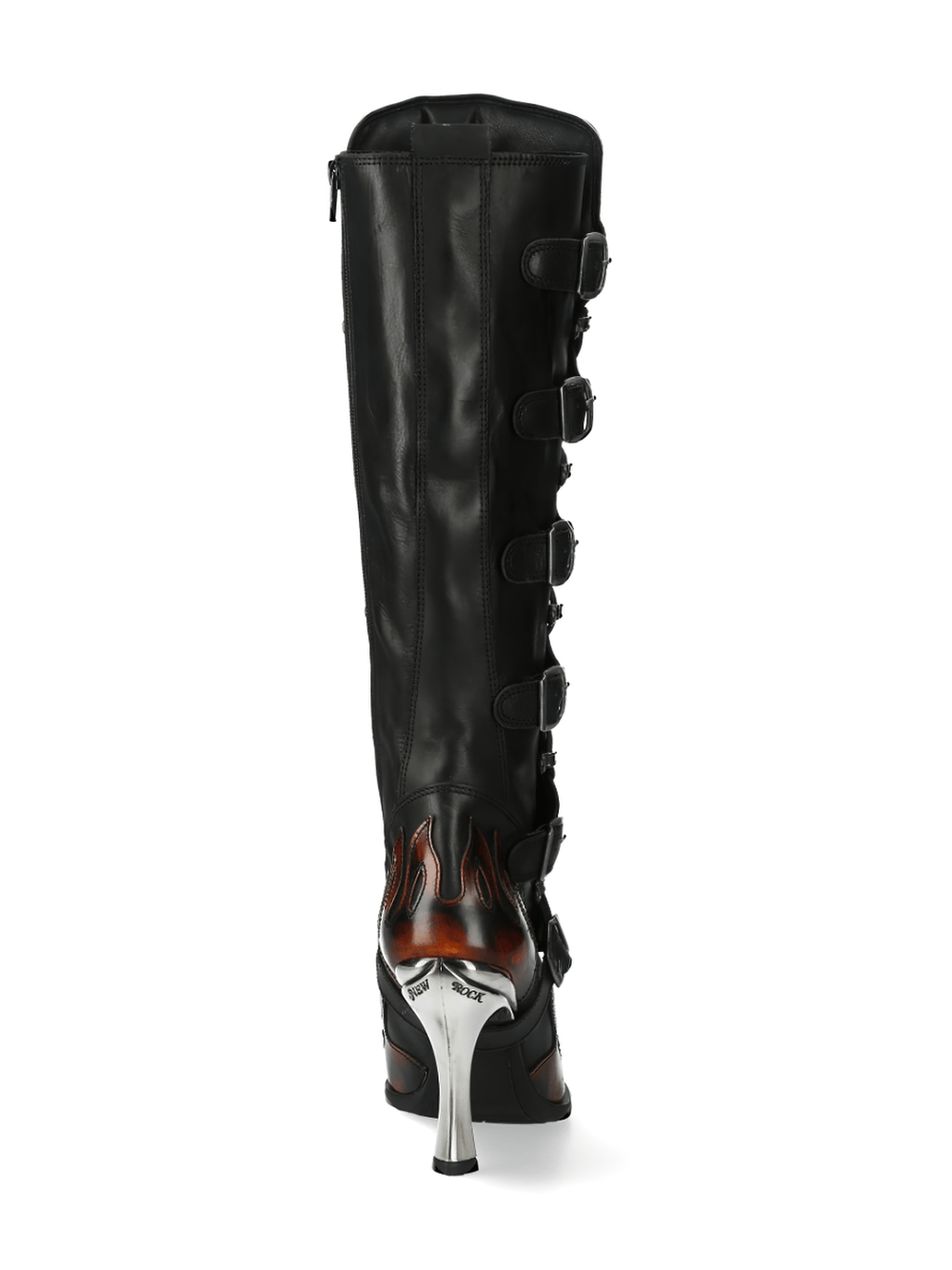 Sleek view of NEW ROCK Women's Fire Punk Rock Buckled High Boots with flame motifs and shiny heel.