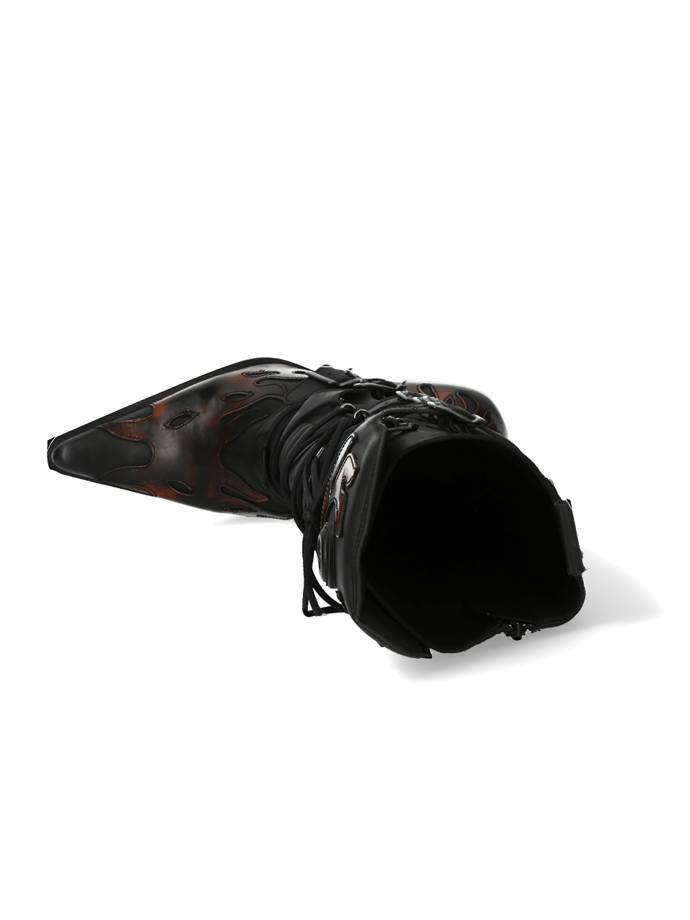 Edgy NEW ROCK Women's Fire Punk Rock High Boots showcasing laced design and striking flame motifs, perfect for punk fashion.