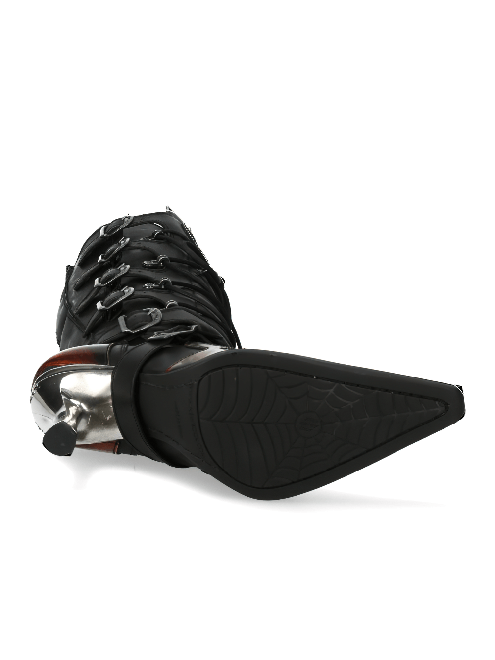 Black punk rock high boot with buckles and metallic heel, showcasing flame motifs from the NEW ROCK MALICIA collection.