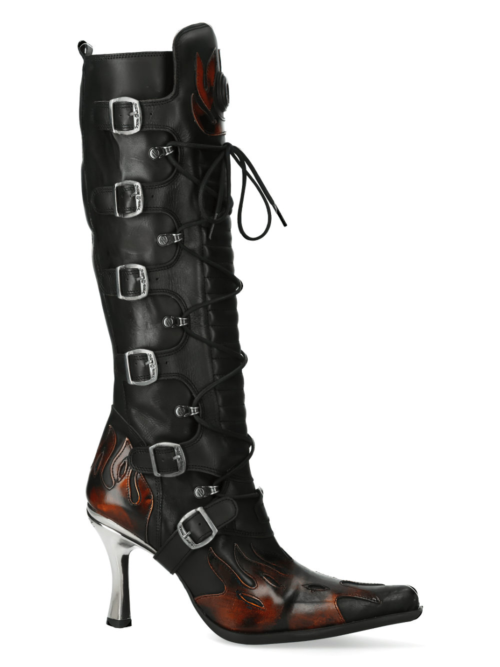 NEW ROCK Women's Fire Punk Rock Buckled High Boots with flame motifs and shiny heel for bold punk fashion.