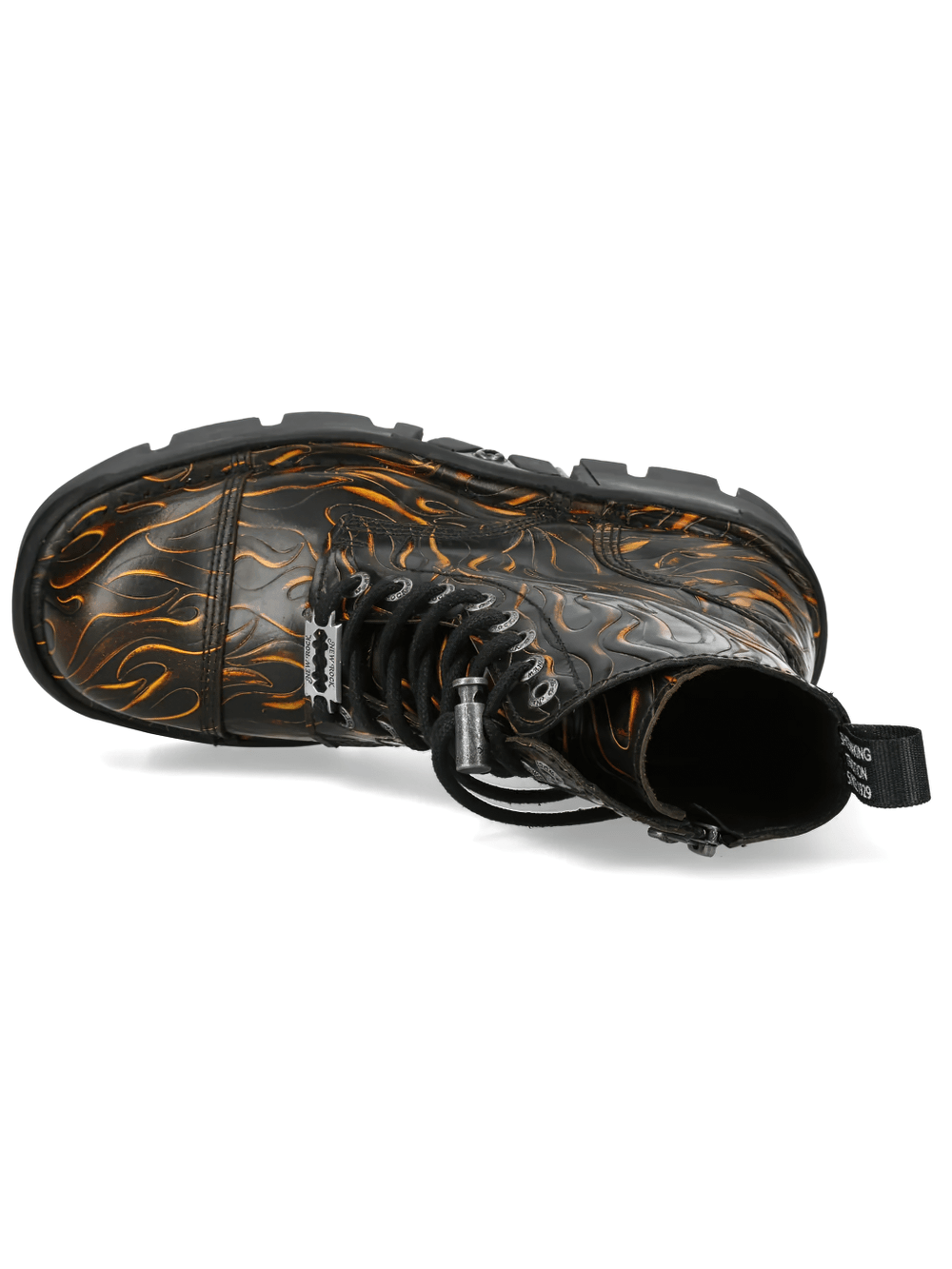 NEW ROCK Women's Flame Boots with Chunky Platform Soles showcasing orange flame design and lace-up front.