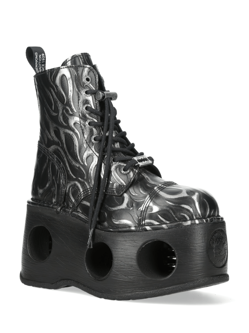 NEW ROCK Women's Flame Boots with Hollow Platform Soles in black with silver flame embossing, bold punk style.