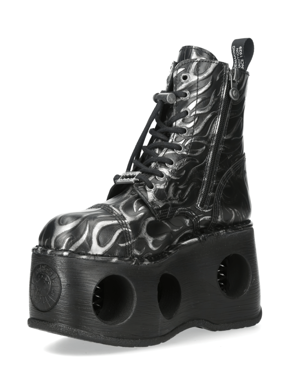 NEW ROCK Women's Flame Boots with Hollow Platform Soles featuring metallic punk design and lace-up front.