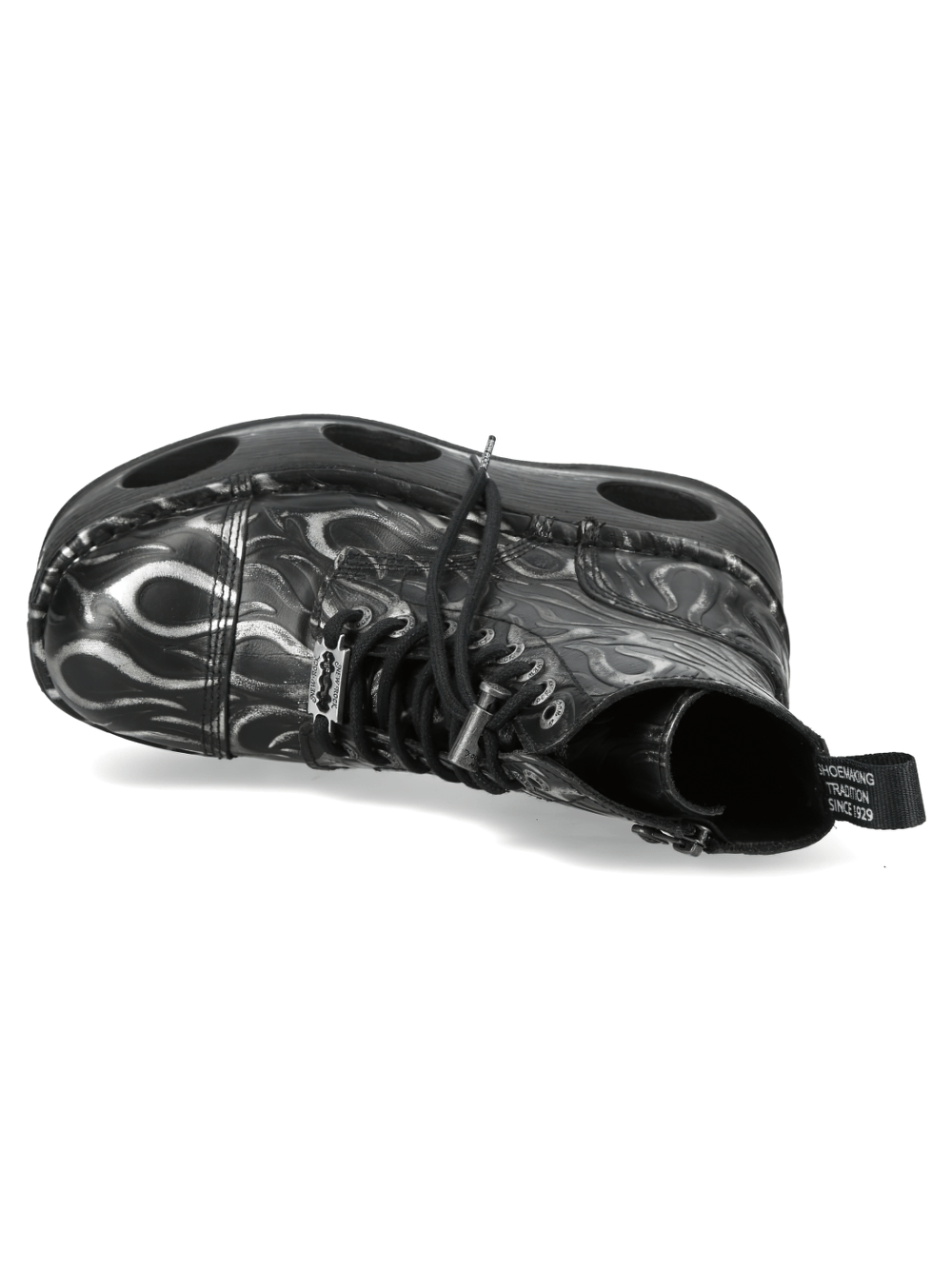 NEW ROCK Women's Flame Boots with Hollow Platform Soles showing metallic black and silver flame design.