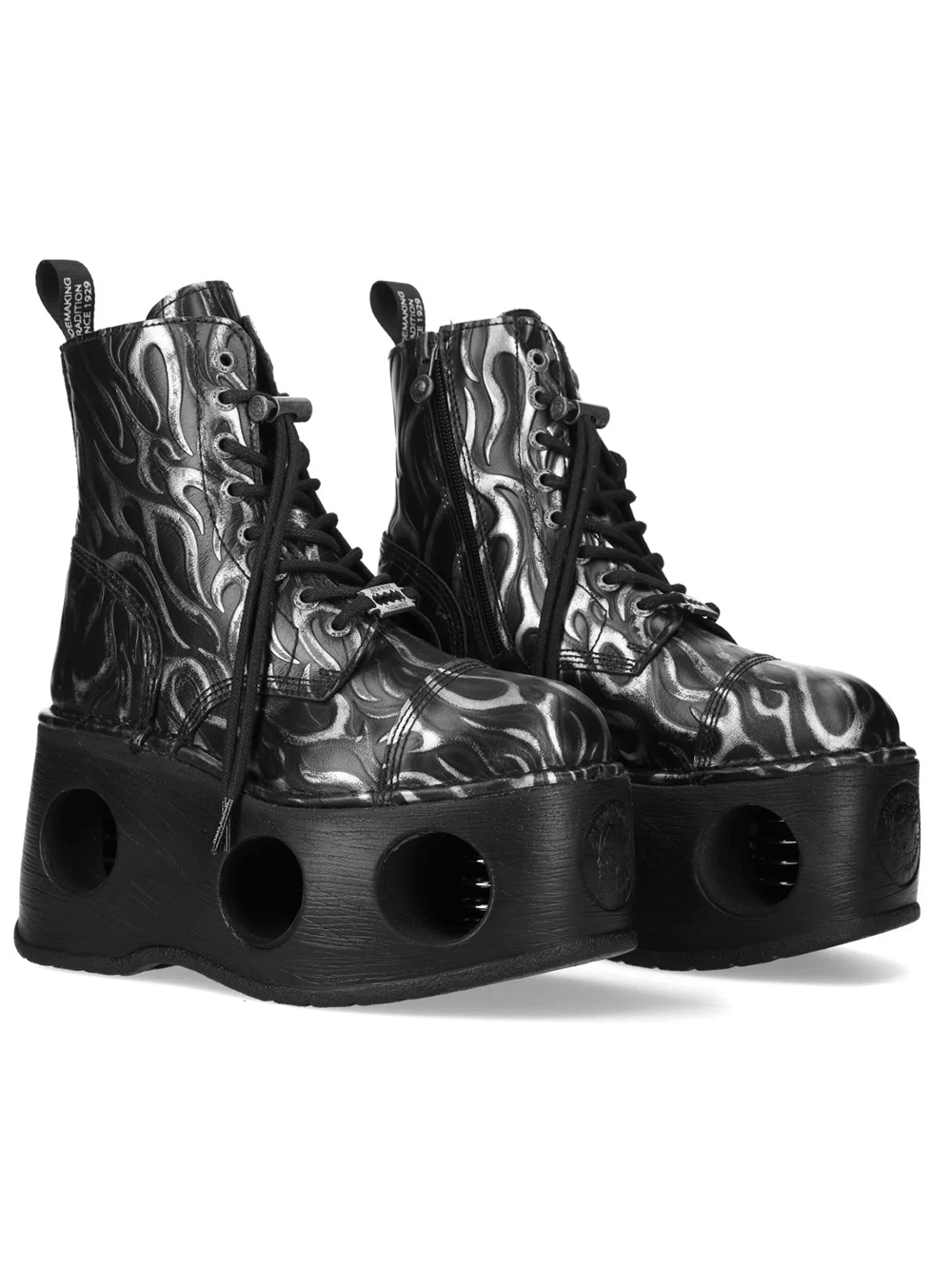 NEW ROCK Women's Flame Boots with Hollow Platform Soles in black with silver flame design, bold punk style footwear.
