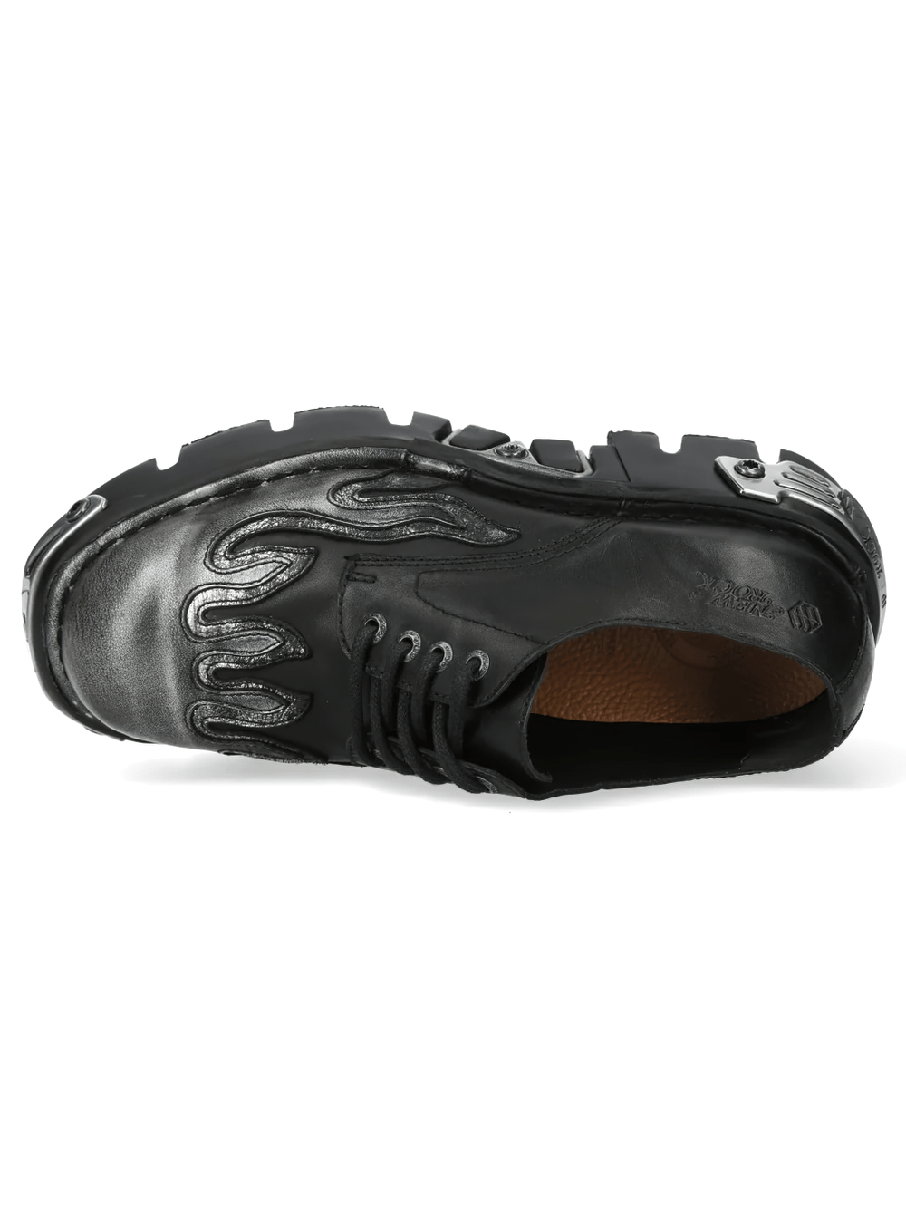 NEW ROCK Women's Flame Lace-Up Shoes with Chunky Lug Soles featuring flame embossing and silver toe plates.