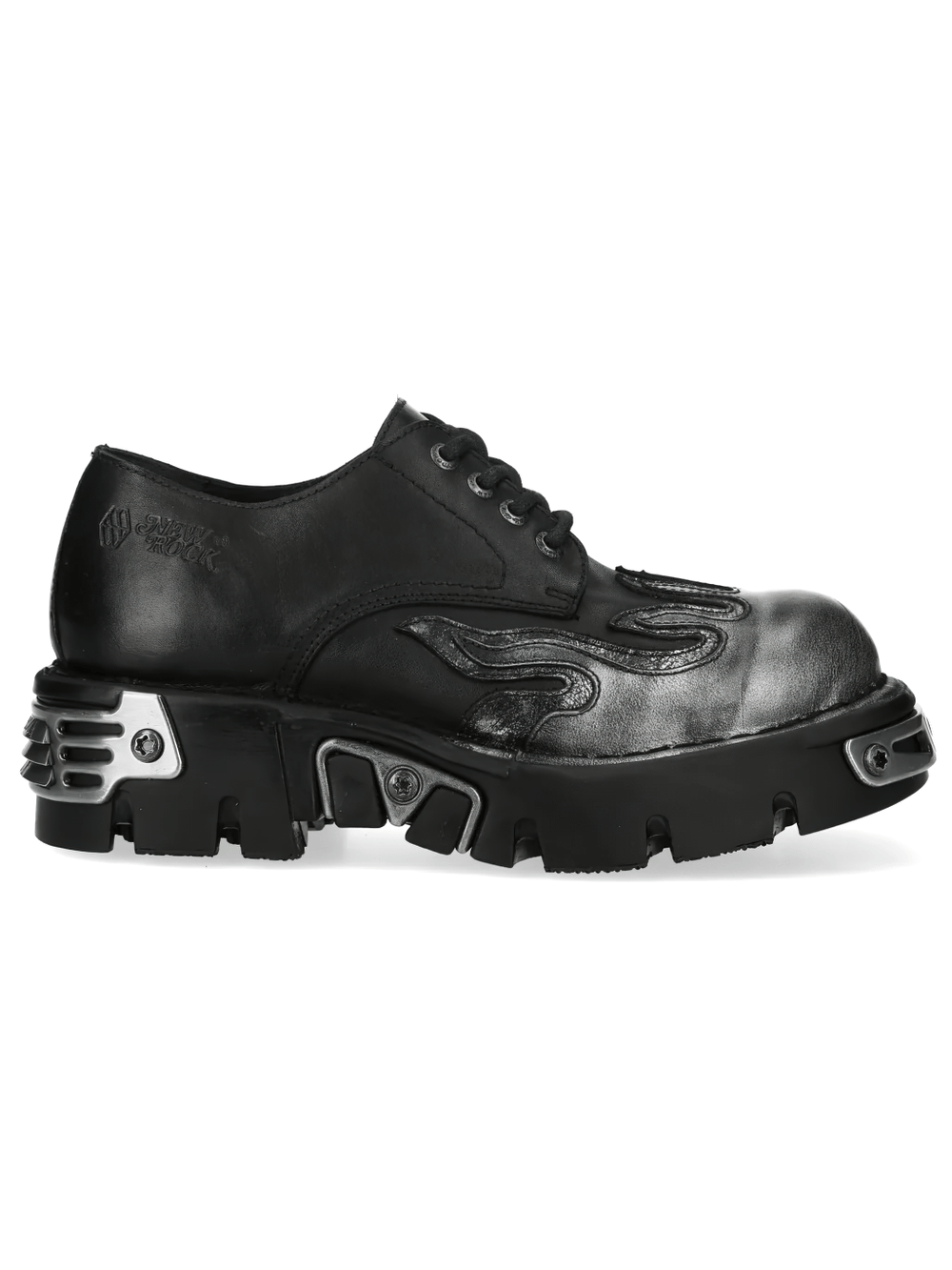 NEW ROCK Women's Flame Lace-Up Shoes with Chunky Lug Soles featuring flame embossing and silver toe plates.