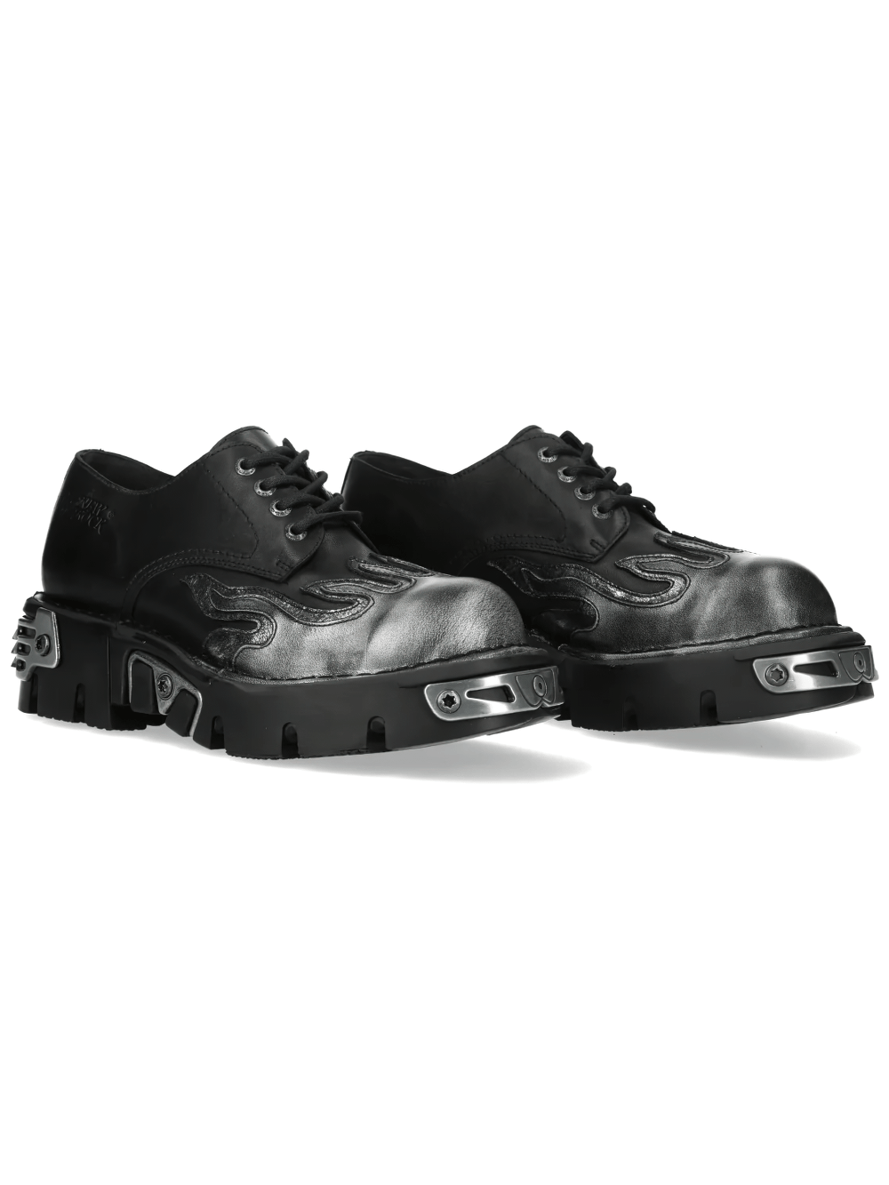 NEW ROCK Women's Flame Lace-Up Shoes with Chunky Lug Soles in black with flame embossing and silver toe plates.
