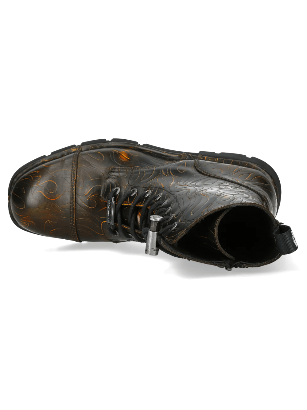 NEW ROCK Women's Flame Military Ankle Boots with Side Zipper top view showcasing embossed flame pattern and lace-up design.