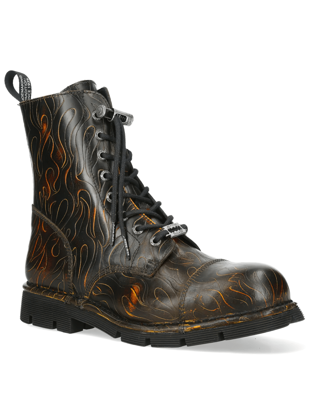 NEW ROCK Women's Flame Military Ankle Boots with Side Zipper - black combat boots with embossed flame pattern.