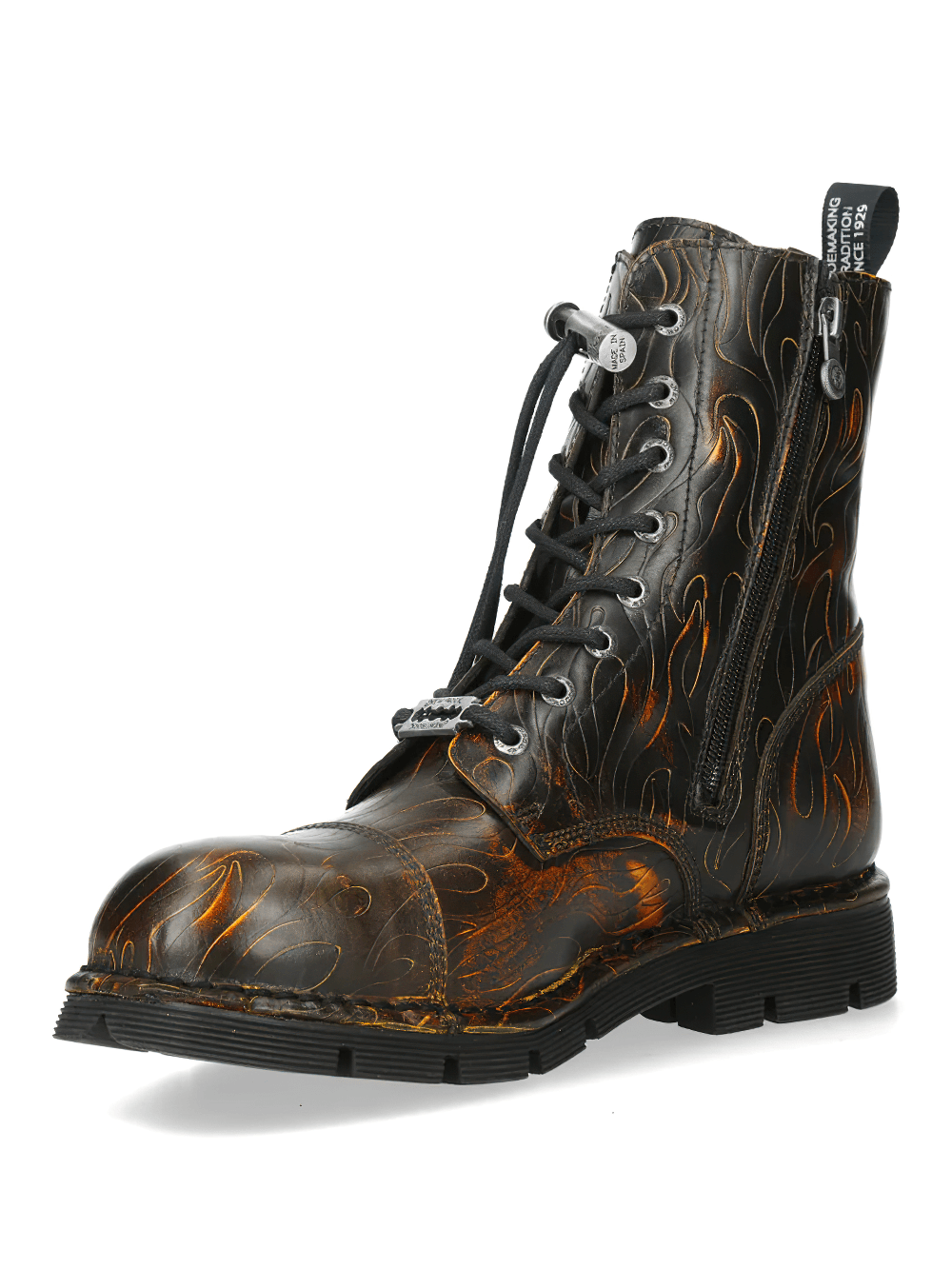 NEW ROCK Women's Flame Military Ankle Boots with Side Zipper showcasing a fiery embossed design and durable tread sole.