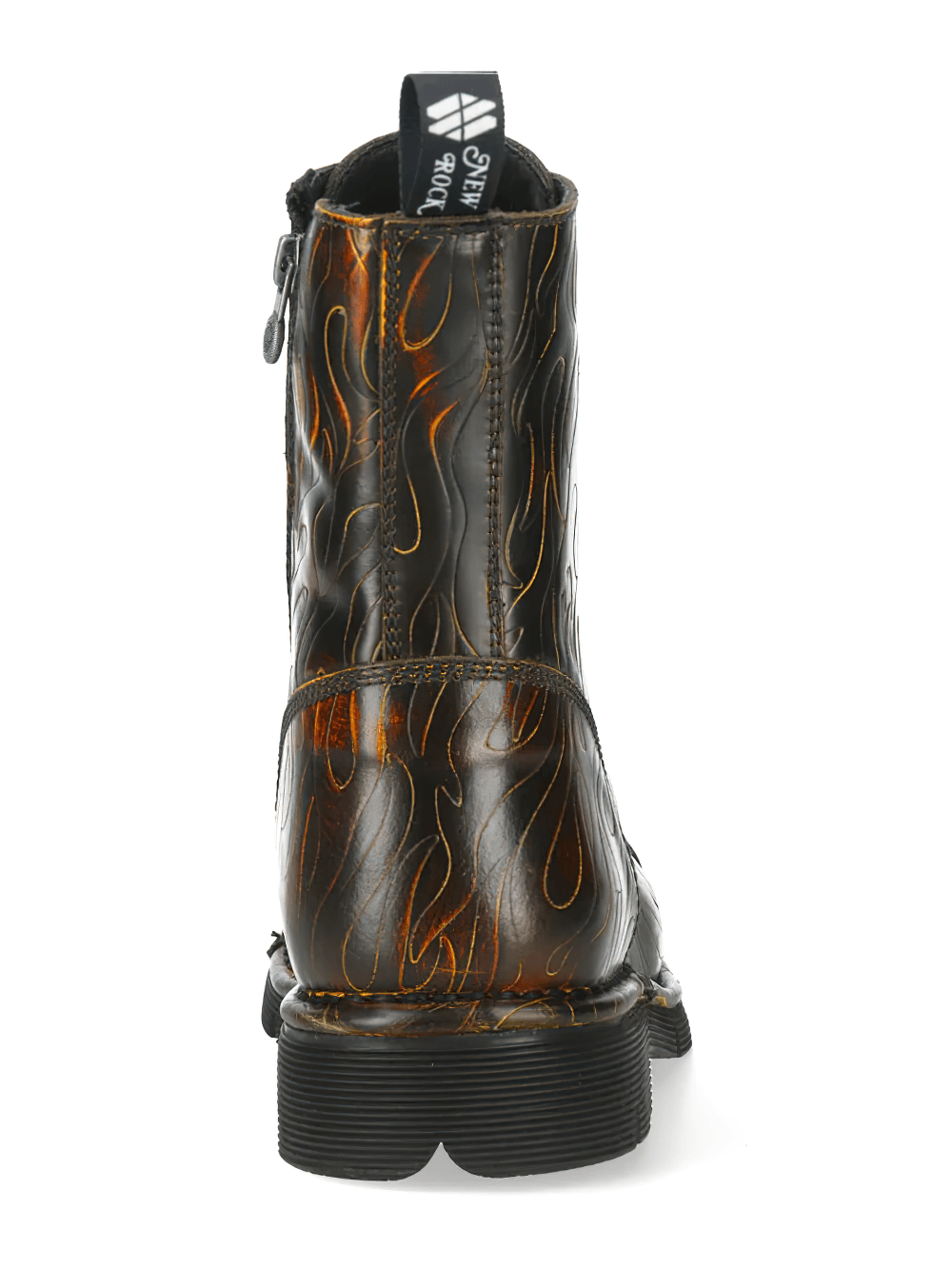 NEW ROCK Women's Flame Military Ankle Boots with Side Zipper back view featuring embossed flame pattern.