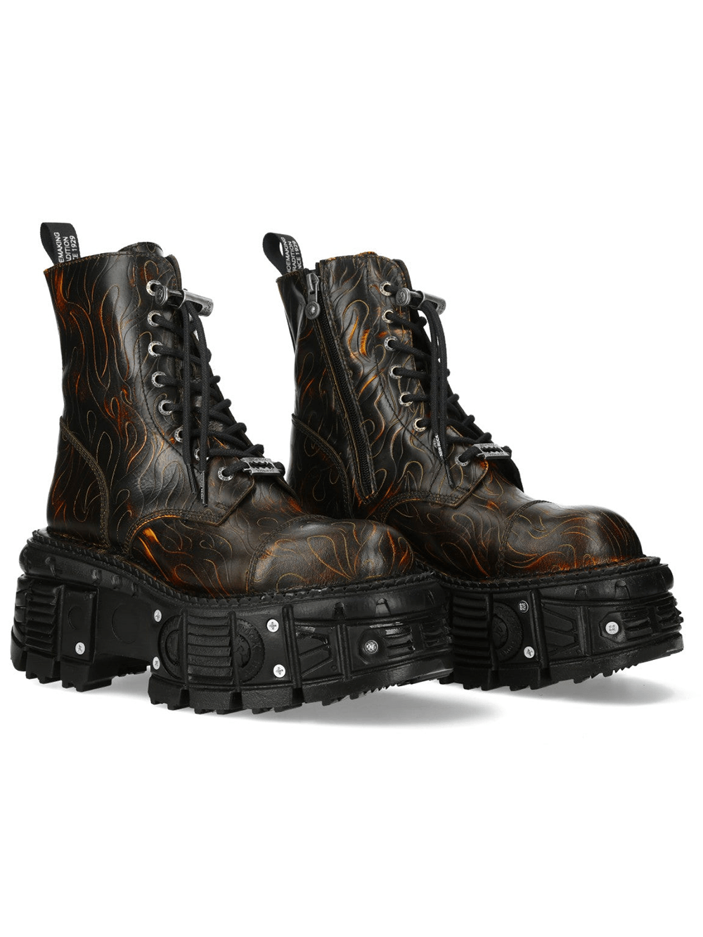NEW ROCK Women's Flame Platform Boots with Side Zipper in black with flame pattern design, perfect for punk and alternative fashion.