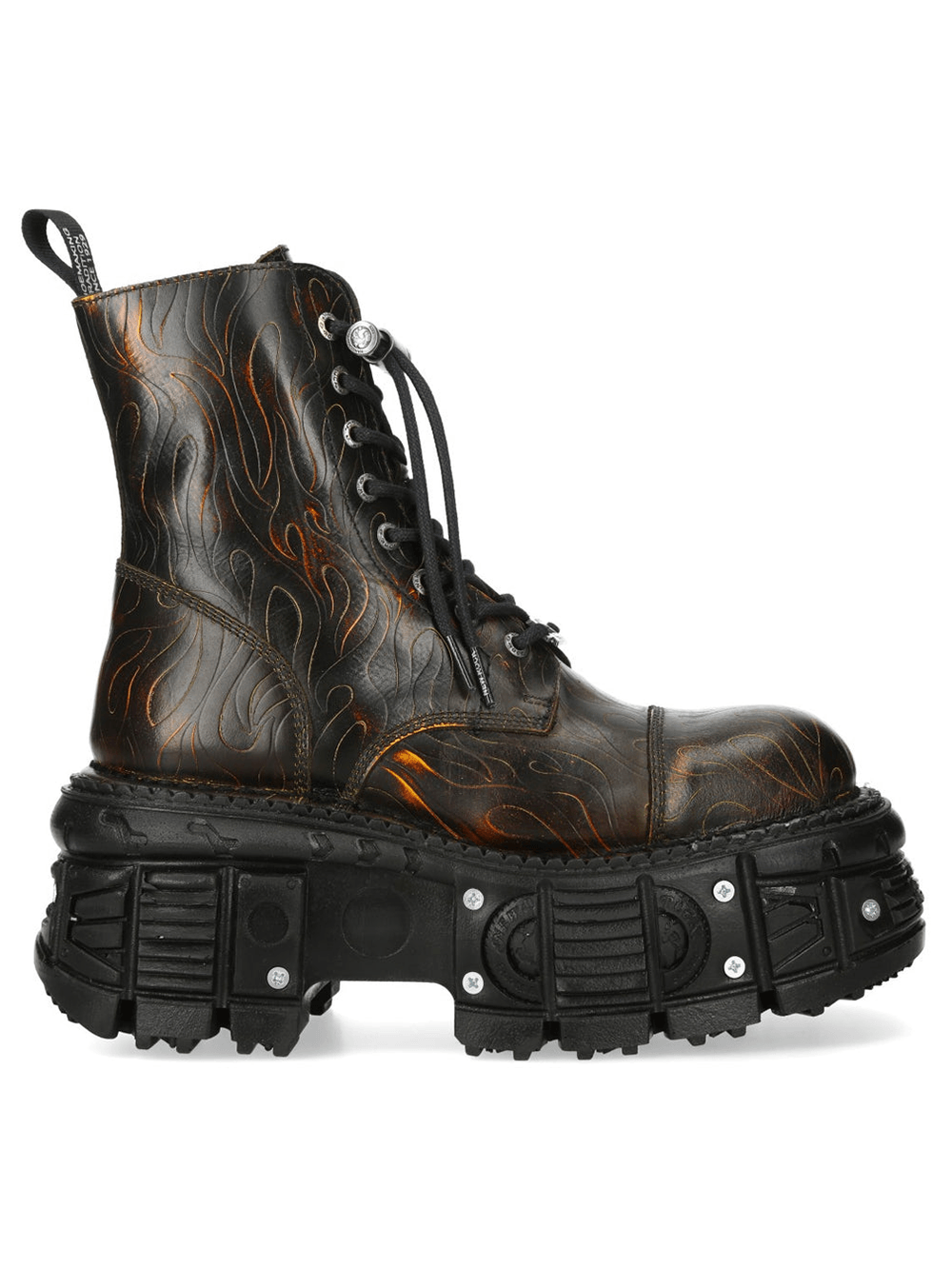 NEW ROCK Women's Flame Platform Boots with Side Zipper, featuring black and fiery orange flame pattern.