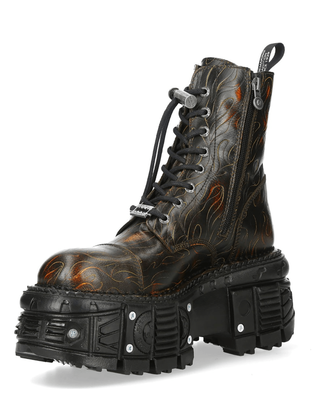 NEW ROCK Women's Flame Platform Boots with Side Zipper, punk military style with flame pattern design.
