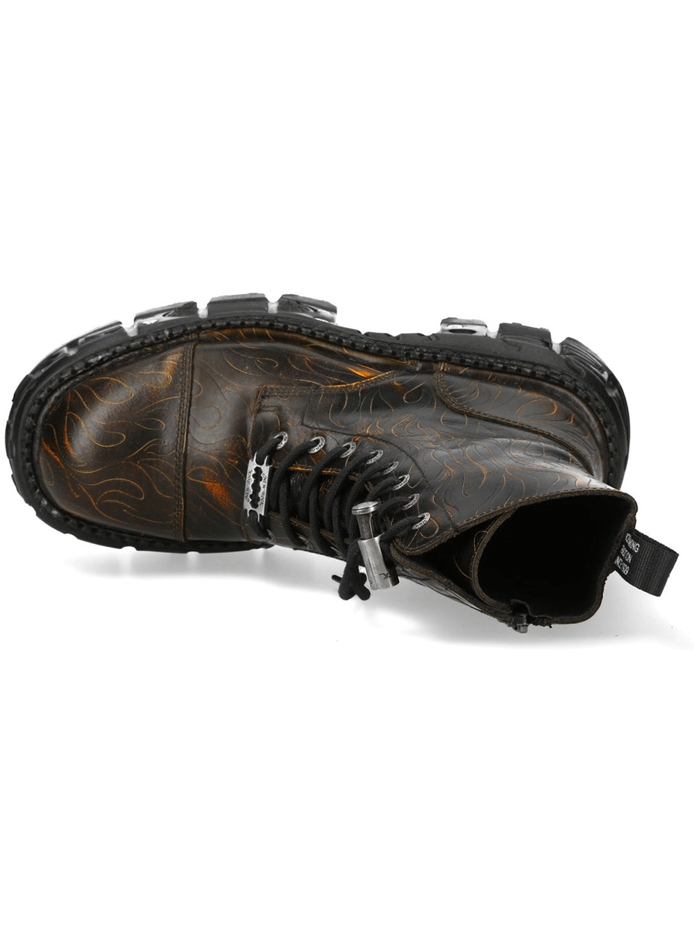 NEW ROCK Women's Flame Platform Boots with Side Zipper top view showcasing black and orange flame pattern.