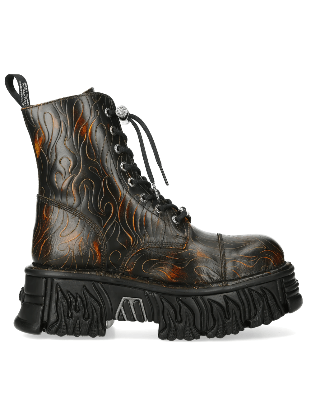 NEW ROCK Women's Flame Platform Combat Boots with Side Zip featuring an embossed flame pattern and chunky platform.