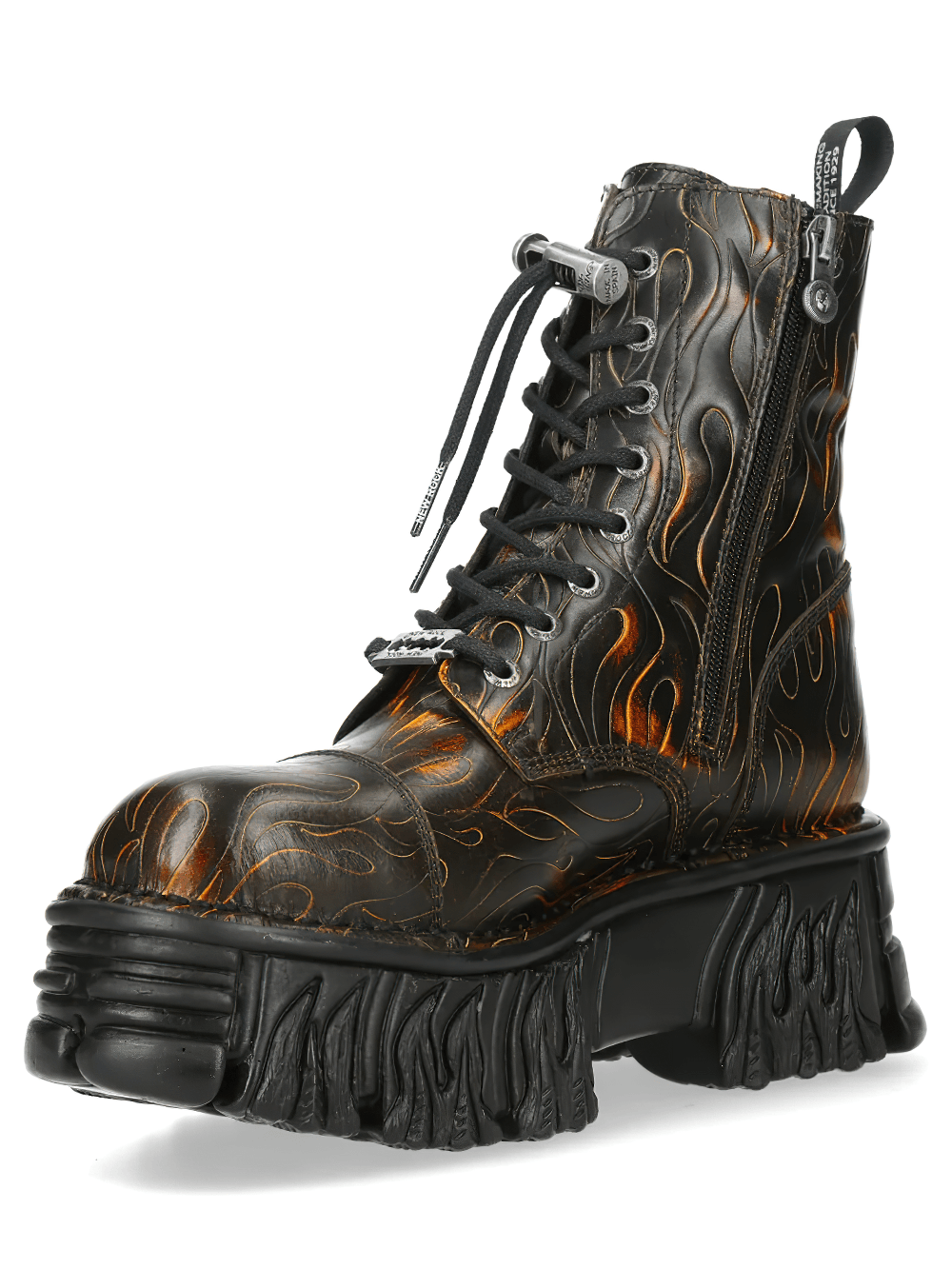 NEW ROCK Women's Flame Platform Combat Boots with Side Zip featuring embossed flame pattern and chunky platform sole.