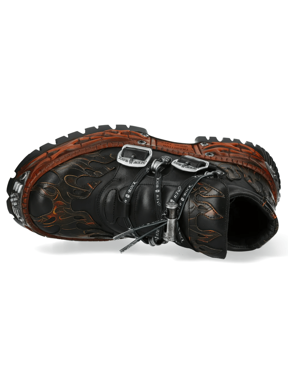 NEW ROCK Women's Flame Platform Shoes with Buckle Straps showcasing embossed flames and chunky sole design.