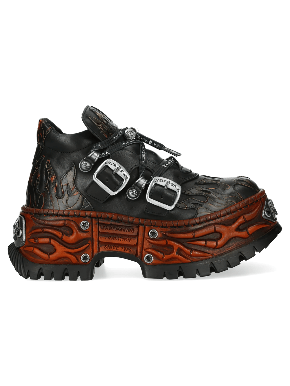 NEW ROCK Women's Flame Platform Shoes with Buckle Straps featuring embossed flames and a chunky sole design.