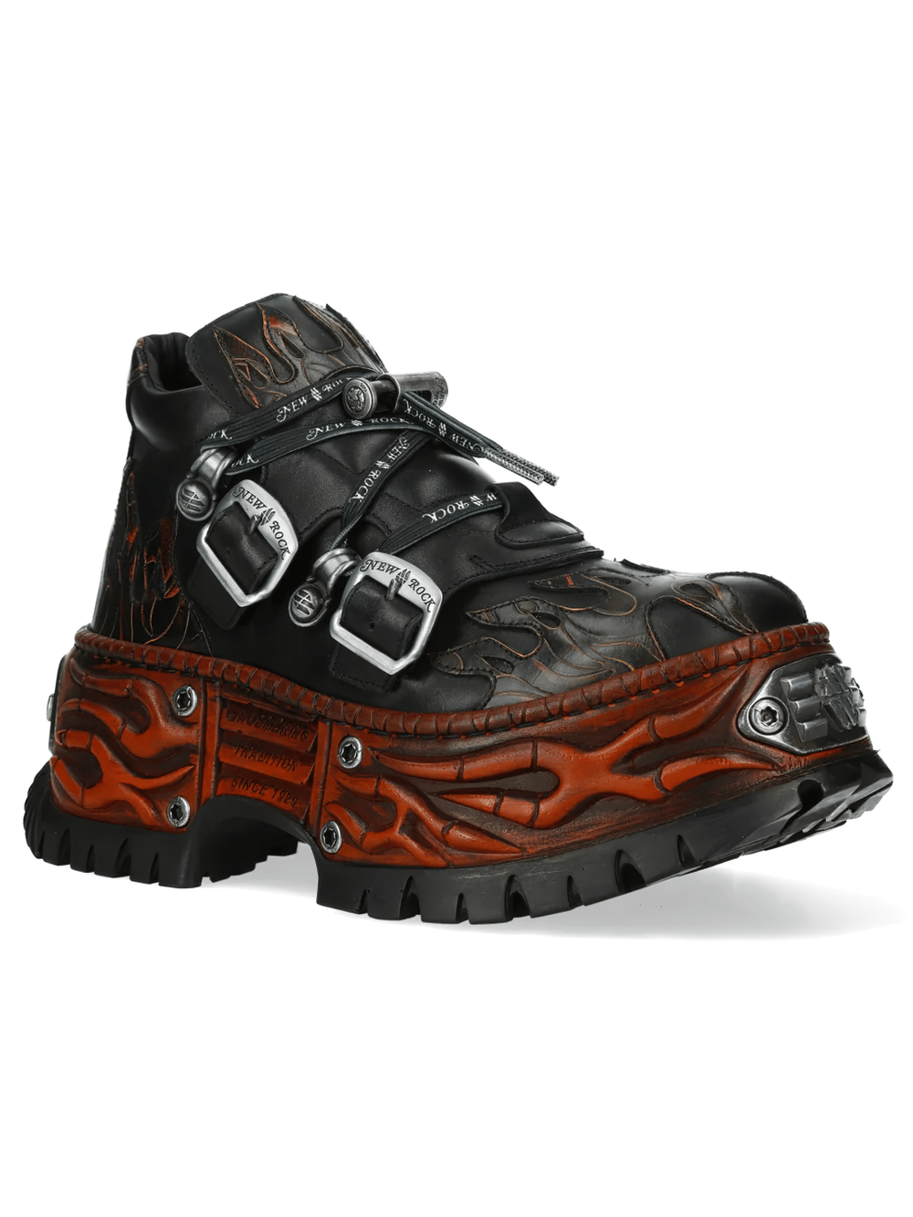 NEW ROCK Women's Flame Platform Shoes with Buckle Straps featuring an embossed flame design and chunky sole.