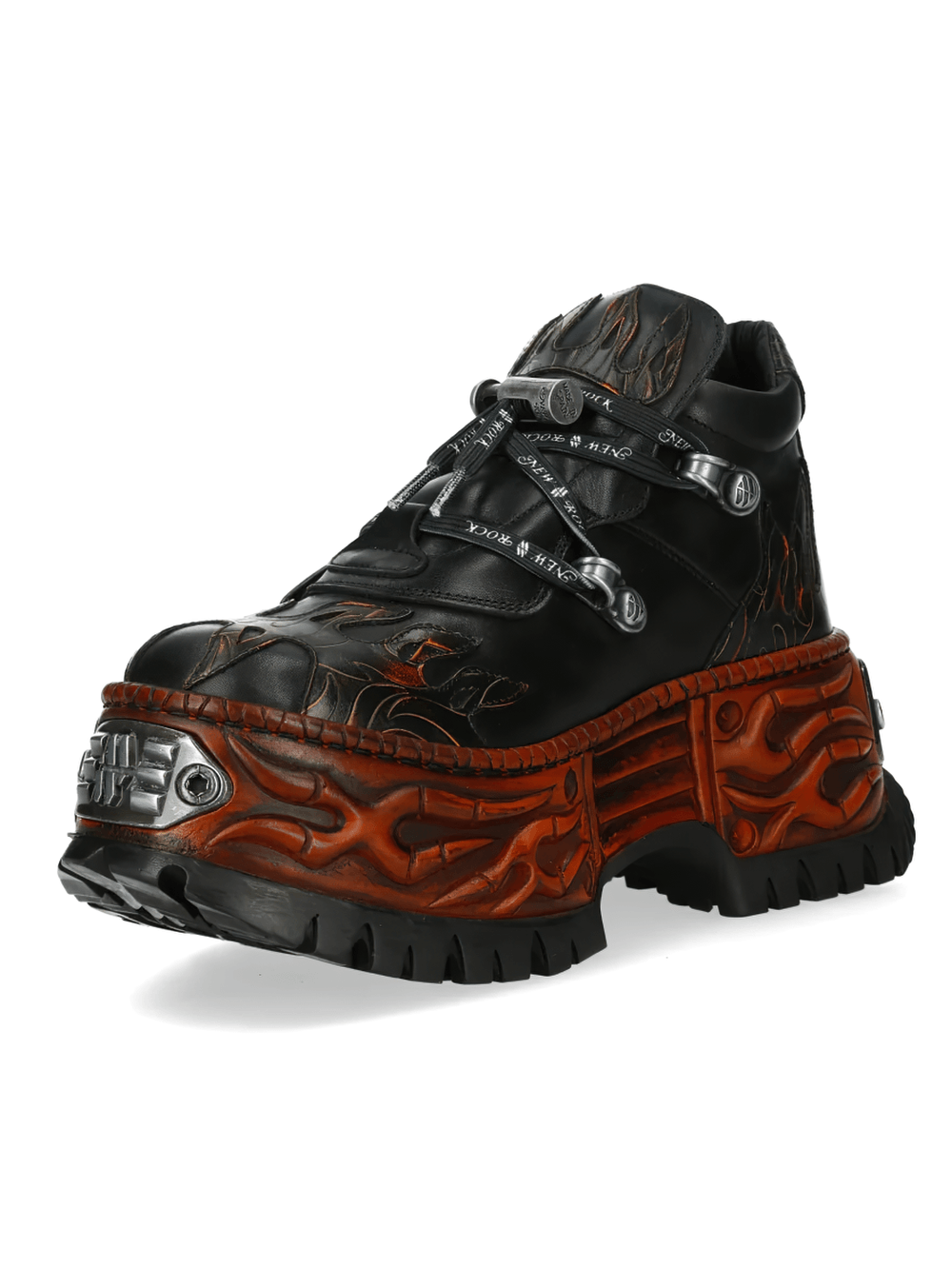 NEW ROCK Women's Flame Platform Shoes with Buckle Straps featuring embossed flame design and chunky sole.