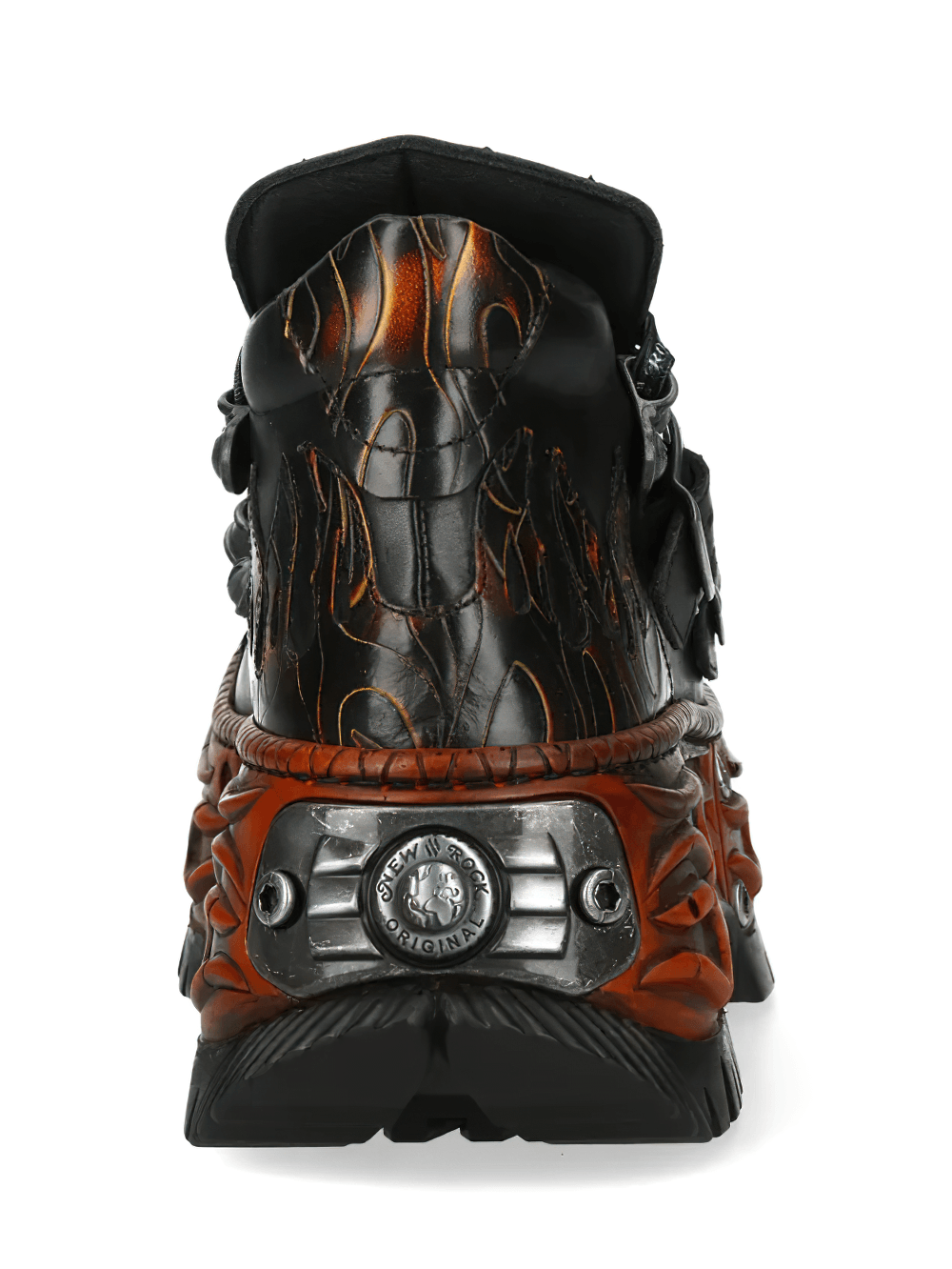 NEW ROCK Women's Flame Platform Shoes with Buckle Straps, showcasing black and dark red flame design on chunky sole.