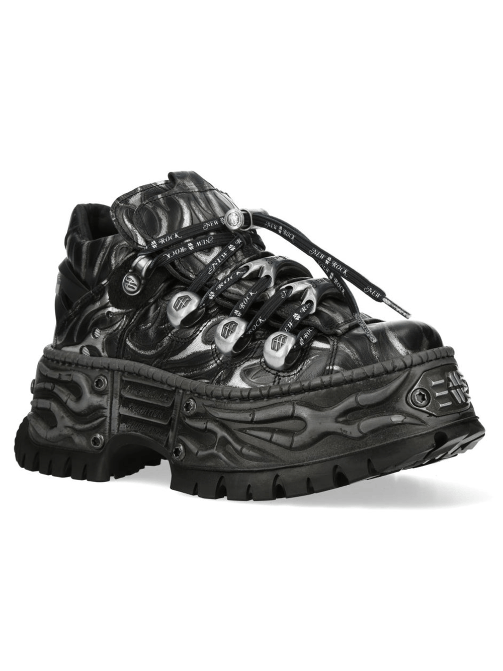 NEW ROCK Women's Flame Platform Sneakers with Lace-Up featuring bold flame design and metal lace hardware.