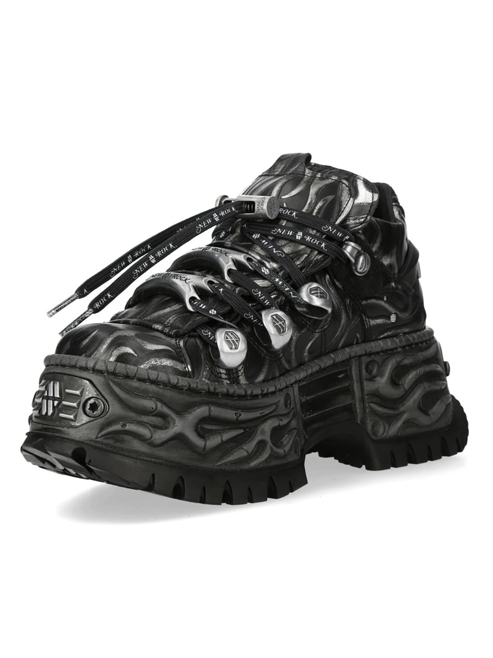 NEW ROCK Women's Flame Platform Sneakers with Lace-Up in black and flame design, showcasing metal lace hardware.