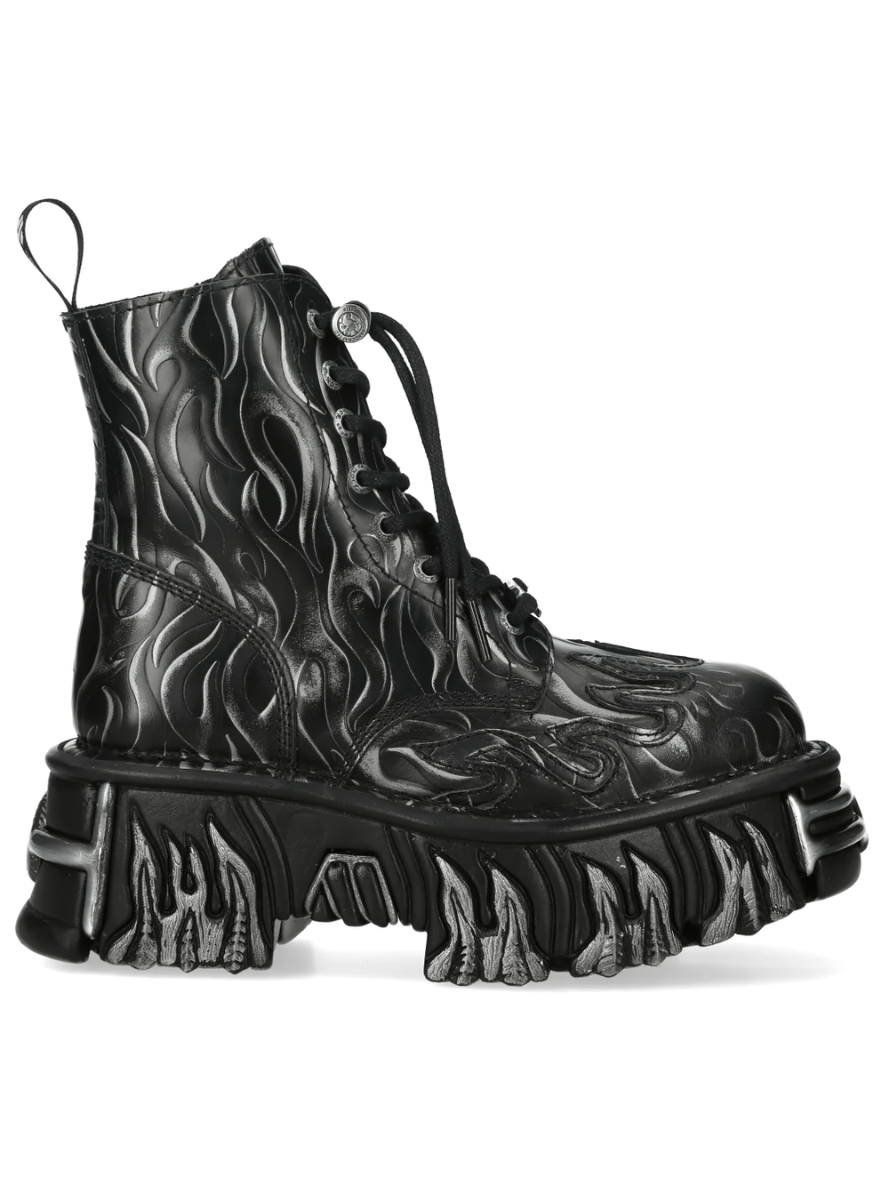 NEW ROCK Women's Flame Punk Boots with Embossed Fire Motif featuring bold flame pattern and raised heels.