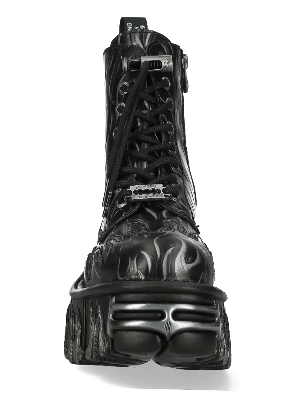 NEW ROCK Women's Flame Punk Boots with Embossed Fire Motif showcasing embossed flames and a sculpted platform sole.
