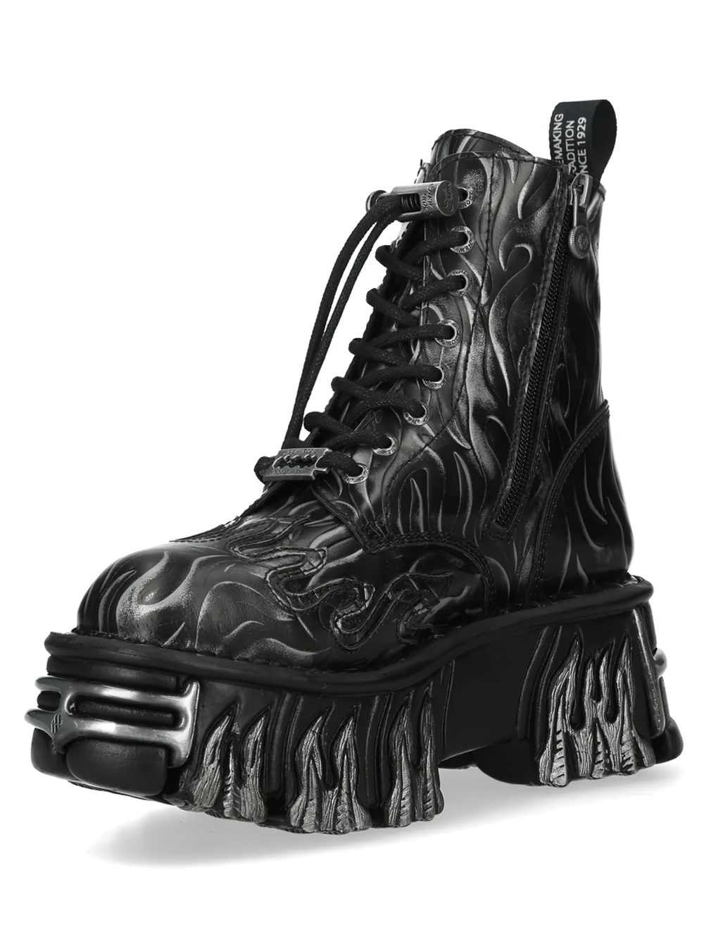 NEW ROCK Women's Flame Punk Boots with Embossed Fire Motif showcasing detailed flame design and platform heel.