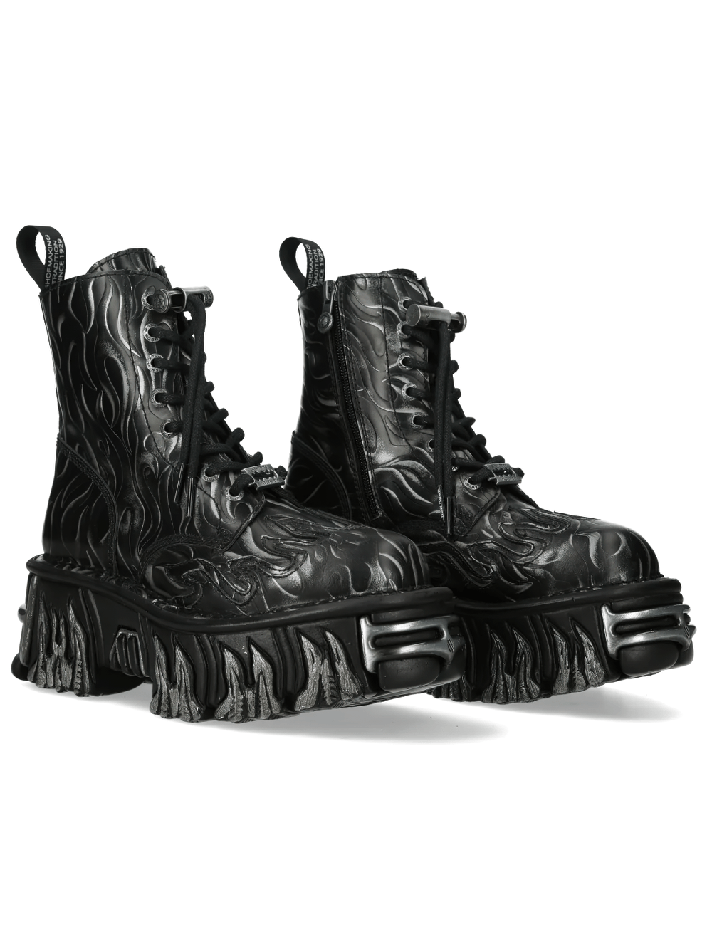 NEW ROCK Women's Flame Punk Boots with Embossed Fire Motif featuring black flame design and sculpted platform sole.
