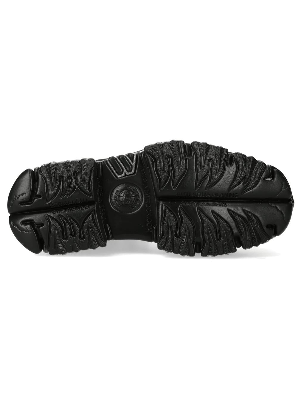 NEW ROCK Women's Flame Punk Boots with Embossed Fire Motif sole view showcasing intricate flame design.