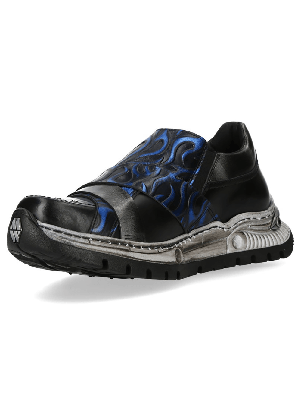 NEW ROCK Women's Flame Rock Shoes with Velcro Straps featuring black leather and blue flame graphics.