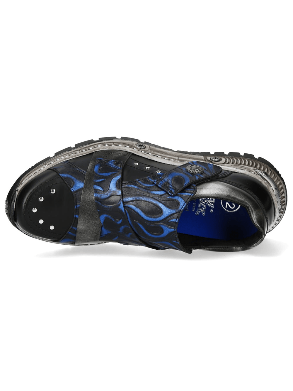 NEW ROCK Women's Flame Rock Shoes with Velcro Straps featuring vibrant blue flame graphics and bold soles.