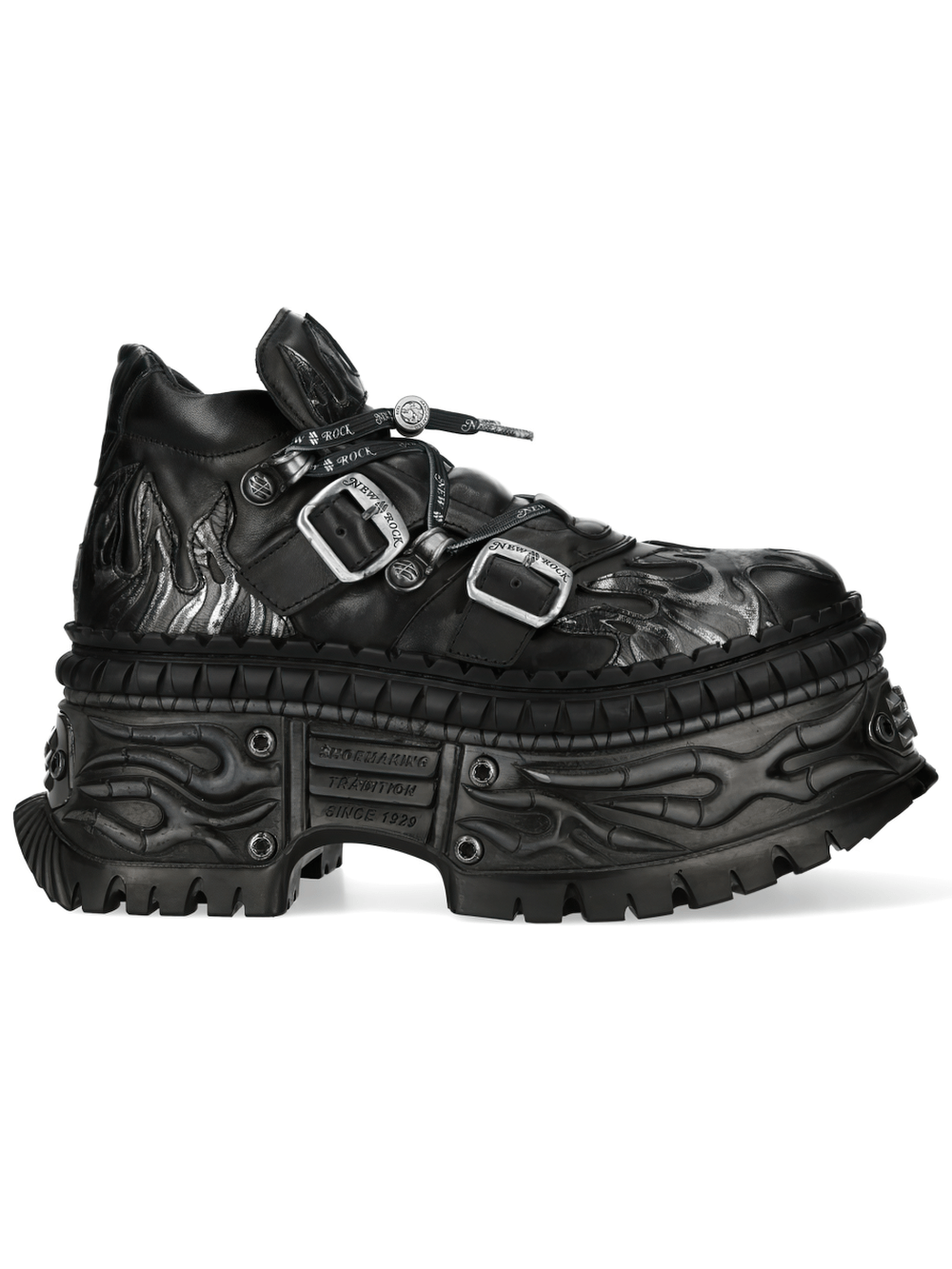 NEW ROCK Women's Goth Platform Shoes with Flame Sole featuring a dramatic design with buckles and flame overlays.