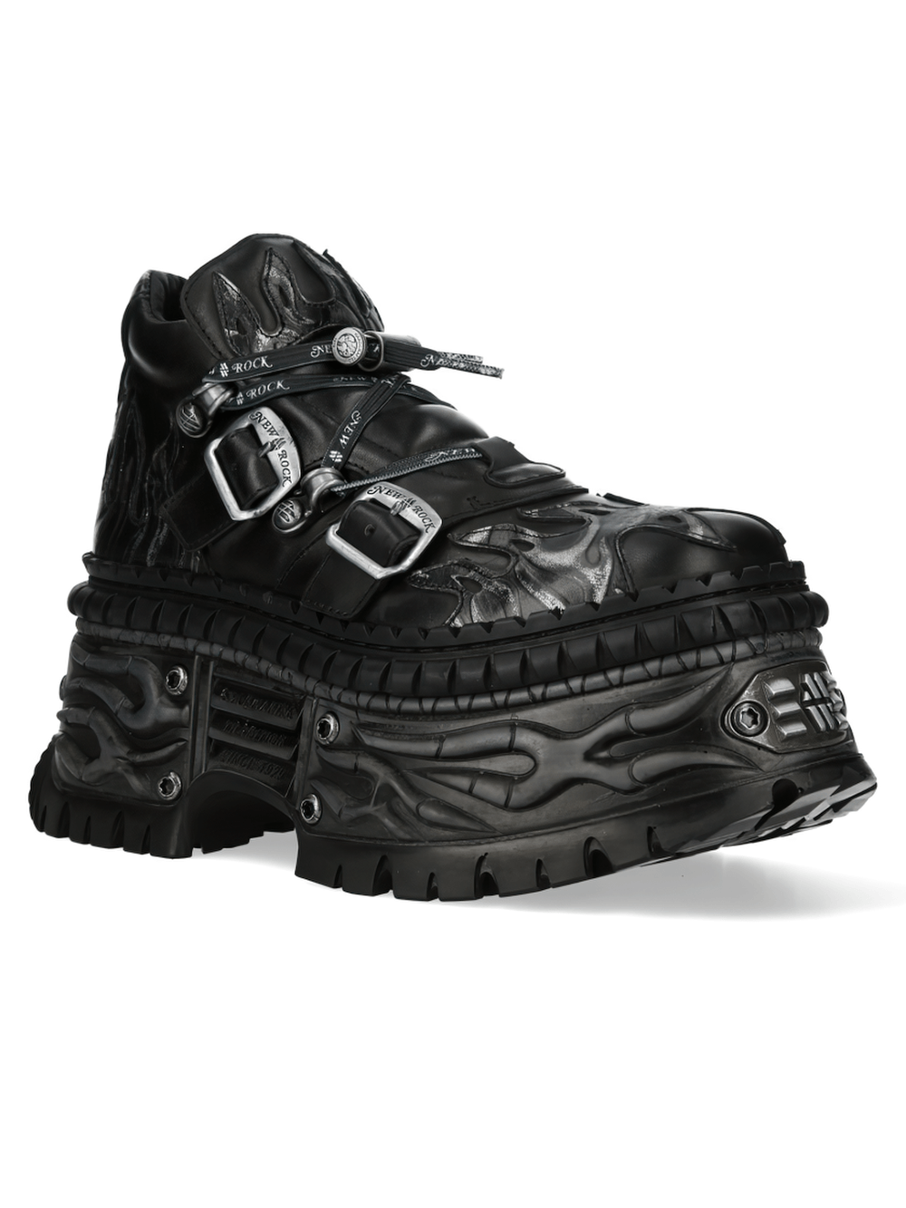 NEW ROCK Women's Goth Platform Shoes with Flame Sole featuring buckle straps and a bold flame design.